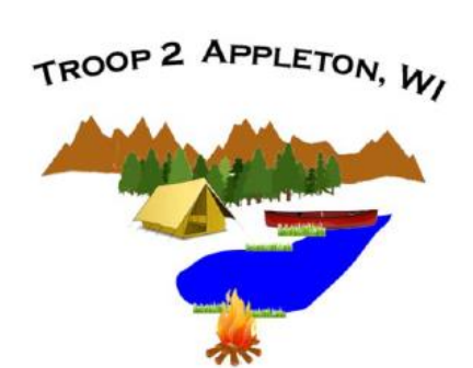 Troop 2 Appleton, WI logo with a tent, canoe, campfire, pine trees and mountains by a lake