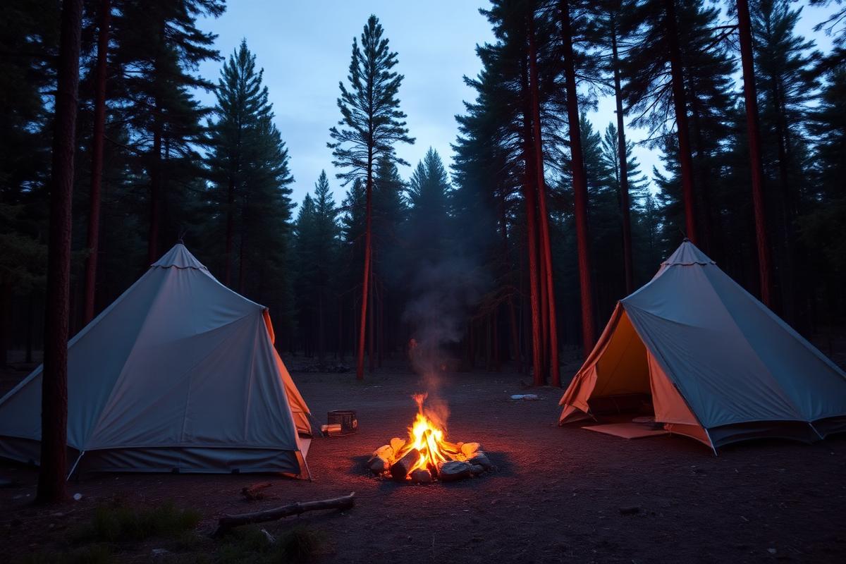 Tents around a campfire in a pine forest at dusk